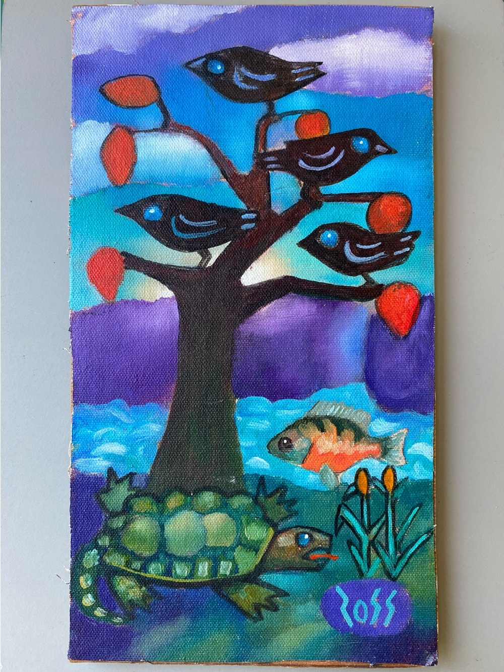 Original Fun Painting. Signed (Don) Ross. Turtle Fish Crows. 6”W x 11”H